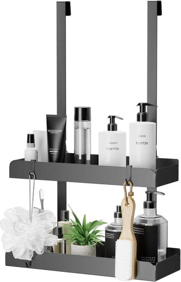 Op te Hangen Doucherek Matzwart Roestvrij Staal Badkamer Organizer 2-store met Haken 55.5x31.5x10.5 cm