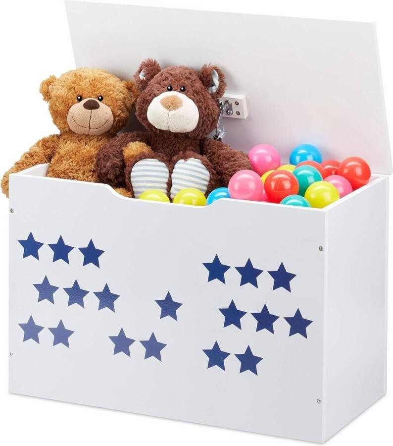 Opbergbank voor kinderen ster design HBD: 40x60x30 cm wit-blauw speelgoedkist met deksel