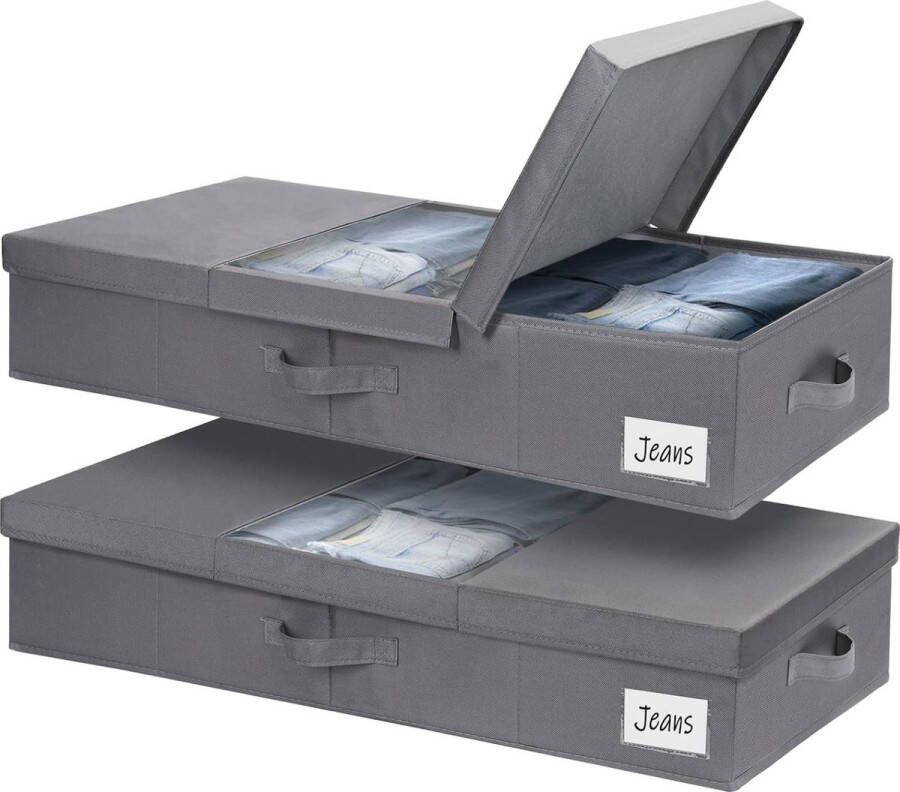 Opbergdoos 2 stuks onderbedcommode met deksel opvouwbare bedlade opslag onderbedcommode met 3 handgrepen en etikettas (Oxford-stof donkergrijs)