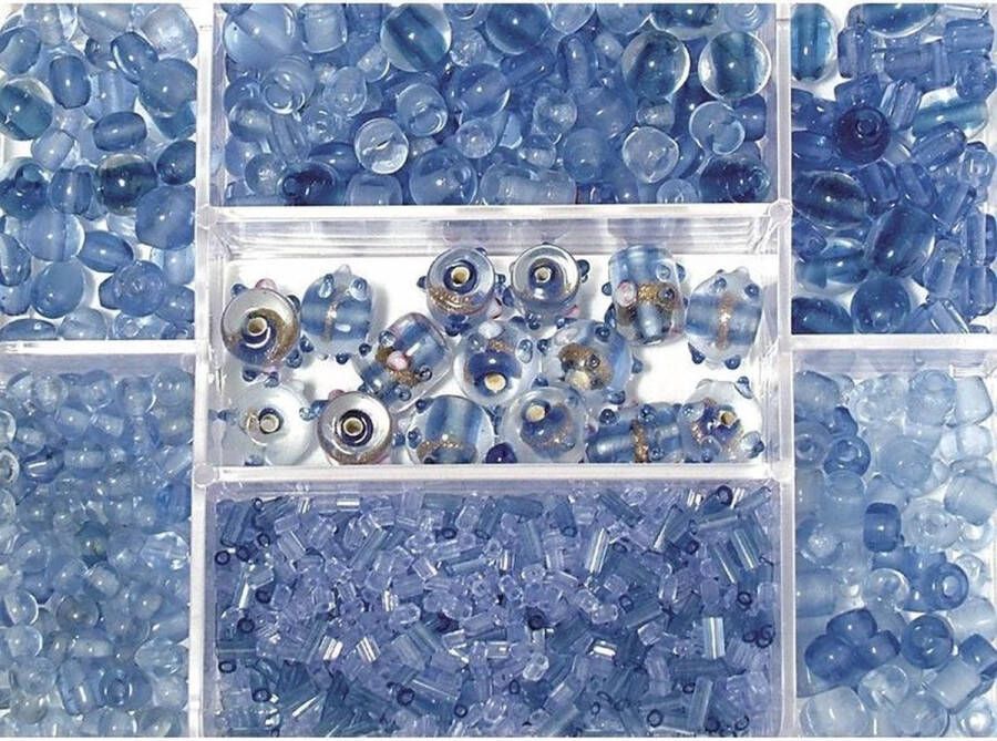 Rayher Hobby Lichtblauwe glazen kralen in opbergbox sorteerbox 12 x 8 cm Kralenbak