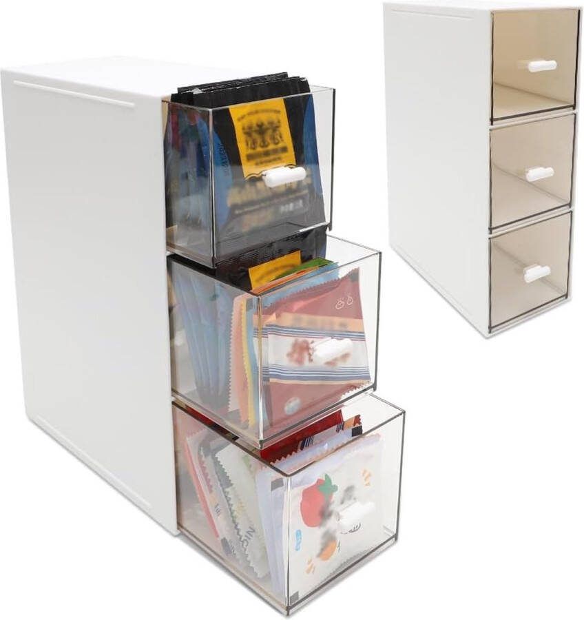 Opbergdoos met 3 schuifladen theedoos en keukenorganizer van kunststof ruimtebesparend stapelbaar design ideaal voor theezakjes koffiepads cosmetica veelzijdig en multifunctioneel