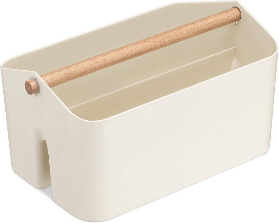 Opbergdoos met houten handvat 2 vakken box organizer in badkamer keuken mand opslag voor bestek schoonmaakmiddelen draagbaar klein crèmewit