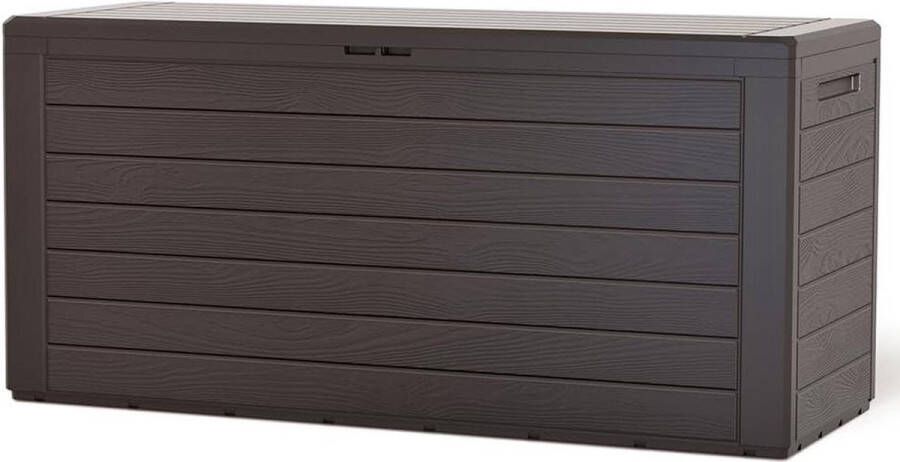 Opbergdoos tuin XL 280 l 116 x 44 x 55 cm handgrepen kussenbox polypropyleen houtstijl opbergdoos buiten robuust Europa bruin Opbergbox Tuinkussenbox