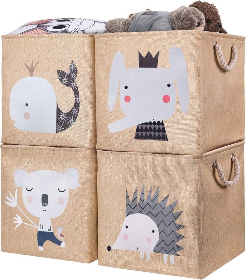 Opbergdoos voor kinderen 4-delige set 28 x 28 x 28 cm opvouwbare opbergmand voor kinderplank. Ideaal voor Kallax-gebruik speelgoedkist speelgoed boeken kinderkamer. Beige olifant