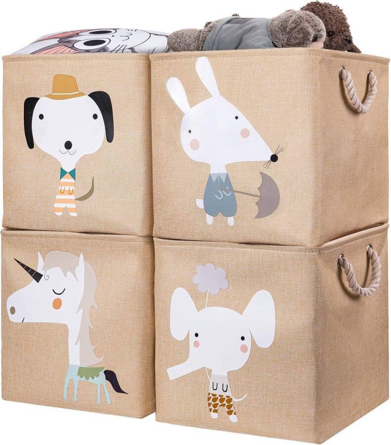 Opbergdoos voor kinderen 4-delige set 28 x 28 x 28 cm opvouwbare opbergmand voor kinderplank. Ideaal voor Kallax-gebruik speelgoedkist speelgoed boeken kinderkamer. Beige eenhoorn