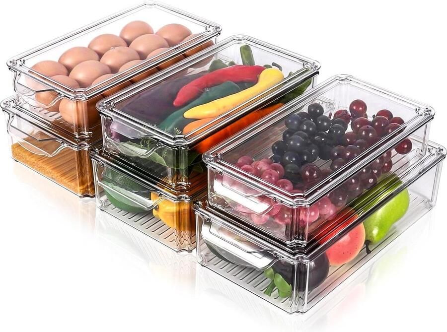 Opbergdozen voor koelkast set van 6 doorzichtige koelkastdozen met deksel stapelbaar en geschikt voor keukenkasten