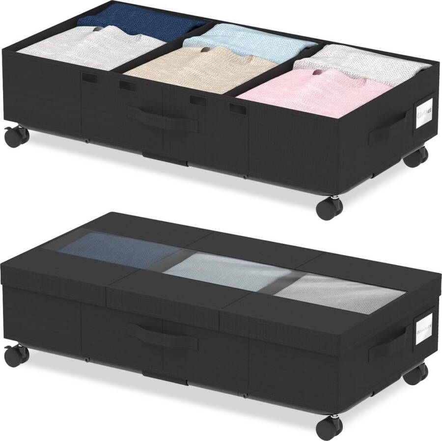 Opbergdozen voor onder het bed opvouwbare onderbedcommode met wielen 76 liter onderbedcommode met deksel groot bedlade organizer zwart