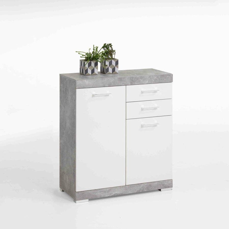 Opbergkast Hermes Beton Wit Breedte 80 cm Hoogte 89.9 cm Diepte 34.9 cm Met lades Met planken Met openslaande deuren