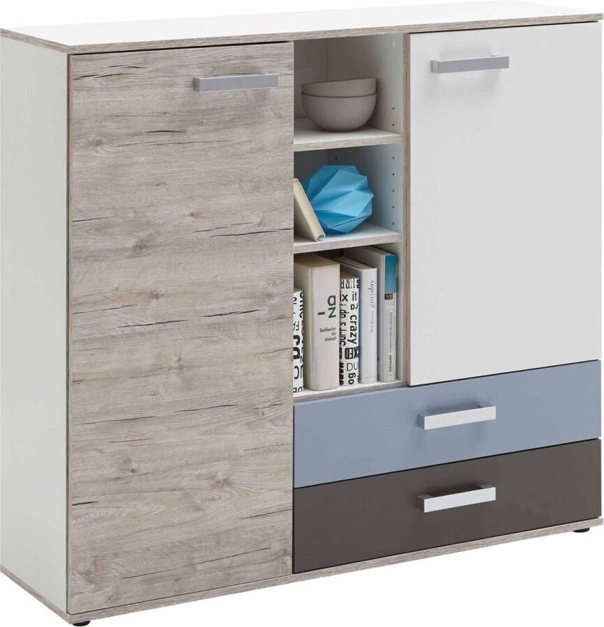 Opbergkast Lando Wit Zandeiken Breedte 116.9 cm Hoogte 105 cm Diepte 33 cm Met lades Met planken Met openslaande deuren