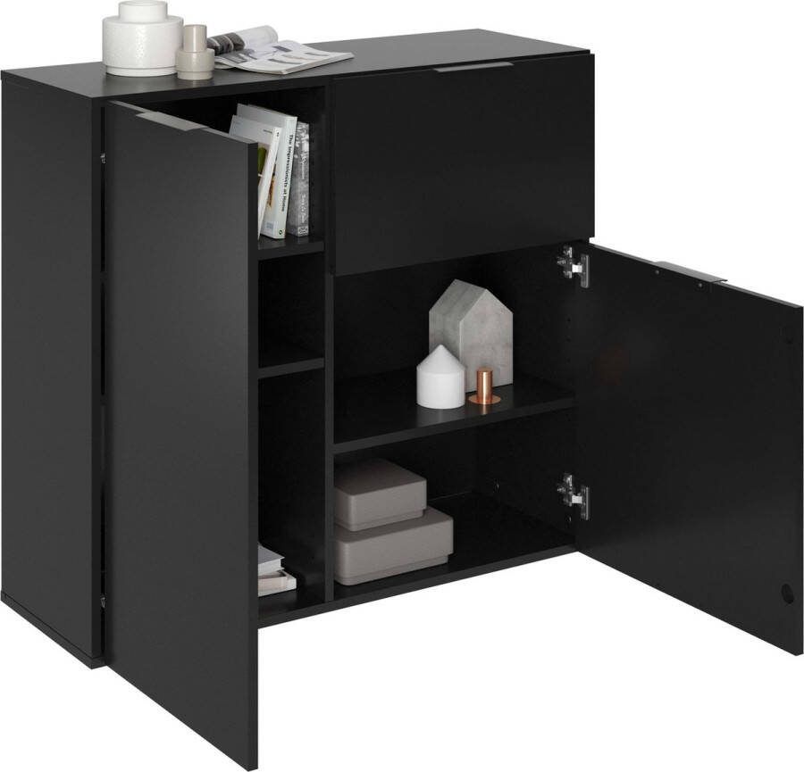 Opbergkast Raven Zwart Breedte 90 cm Hoogte 81 cm Diepte 32 cm Met lades Met planken Met openslaande deuren