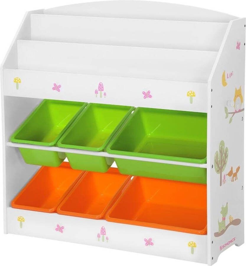 Opbergkast voor kinderen 3 verdiepingen tellend boekenkast en 6 uitneembare bakken voor kinderkamer kleuterschool meerkleurig wit