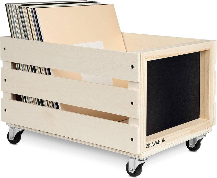 Opbergkist voor LP's met krijtbord Houten krat op wieltjes Vintage stijl Naturel Opbergbox voor platen Ruimte voor 50-80 LP's Wooden crates