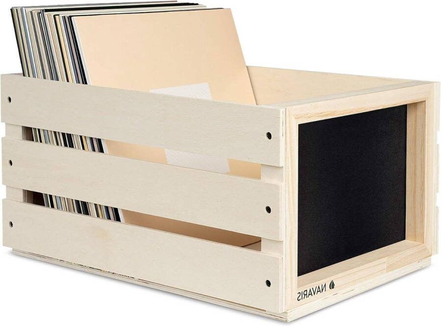Opbergkist voor LP's met krijtbord Houten krat voor vinylplaten Opbergbox voor 50-80 platen in vintage stijl Naturel hout Wooden crates