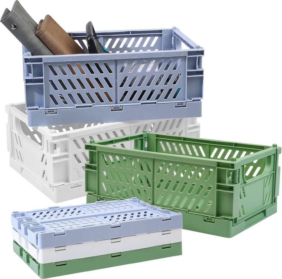 Opbergmand 3 stuks vouwkisten plastic opvouwbare opbergmand kunststof klapmand opvouwbare stabiele kist opbergkisten vouwdoos voor rek keuken badkamer kantoor lichtblauw groen wit