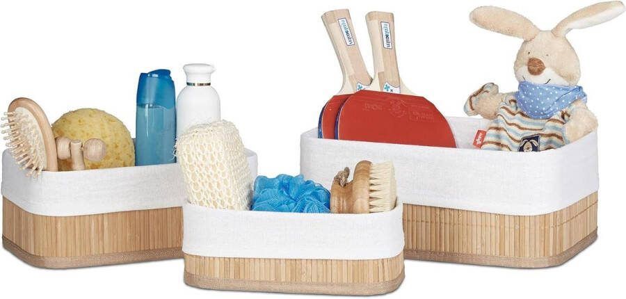 Opbergmanden set van 3 bamboe rechthoekig voor speelgoed Relaxdays badkamer accessoires natuurlijke stof