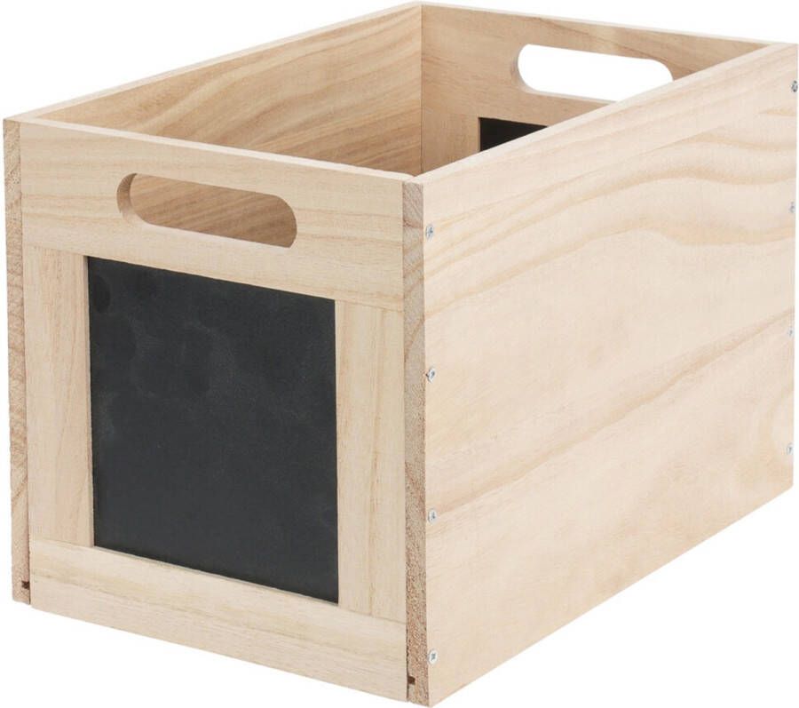 Opbergmand kist met krijtvlakken hout L30 x B20 x H20 cm lichtbruin kast organizer beschrijfbaar handgrepen