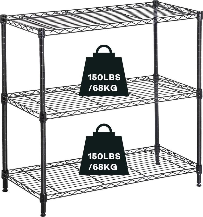 Opbergrek met 3 planken zware plank met in hoogte verstelbaar rek en verstelbare stelpoten kleine staande plank metalen plank op keuken kelder badkamer berging maximaal gewicht 204 kg zwart