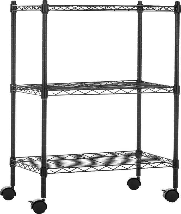 Opbergrek met 3 verstelbare planken op wieltjes van 10 cm metalen organizer draadrek zwart 58.92 x 34.04 x 83.18 cm (L x W x H) opbergen keukentrolley slaapkamertrolley babykamertrolley badkamertrolley