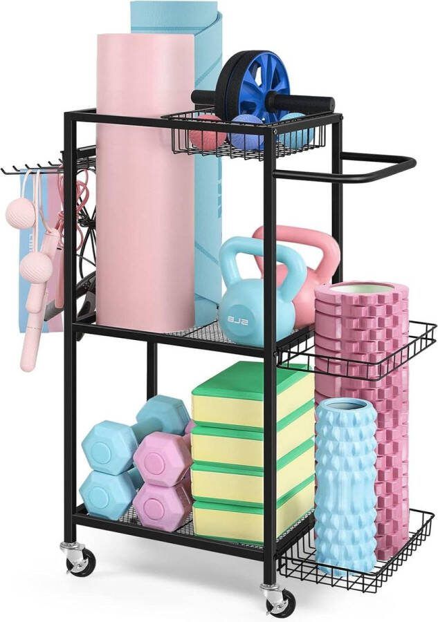 Opbergrek voor halters yogamat kettlebells ballen Home Gym opbergrek met haken en wielen Opbergrek