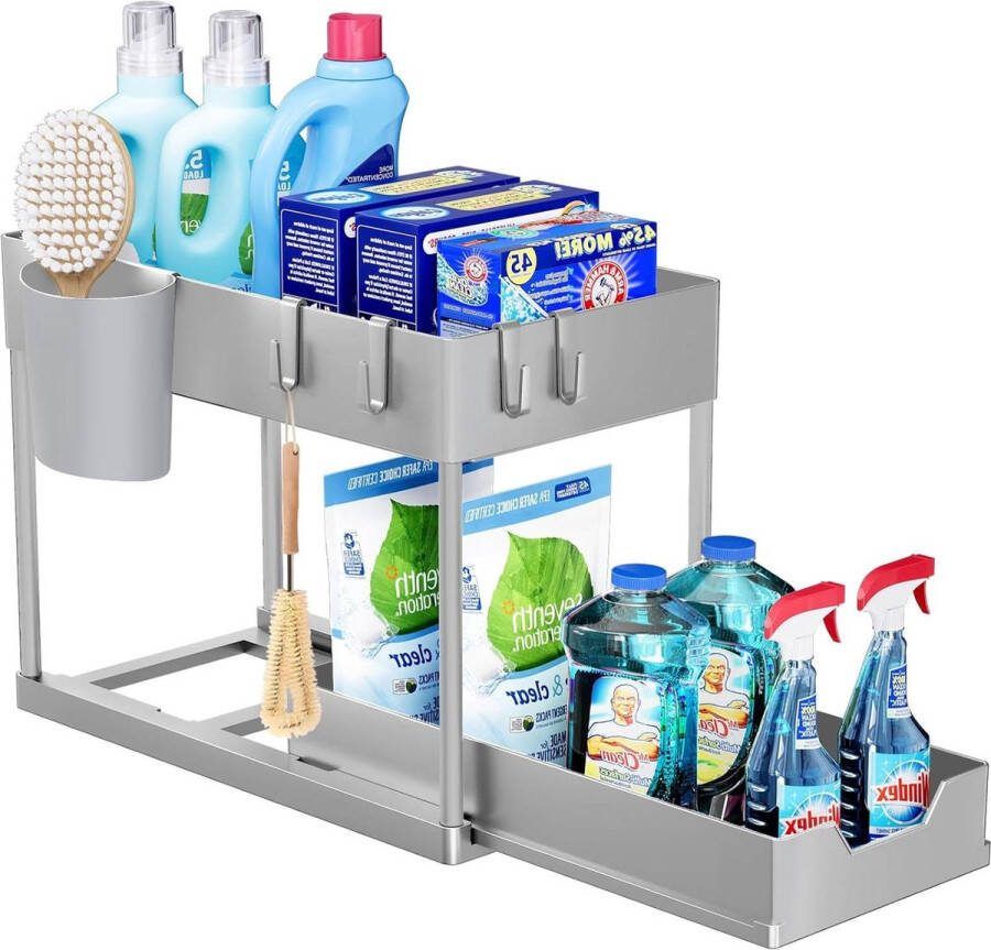 Opbergrek voor onder de gootsteen keukenopberger 2 niveaus met uitschuiflade multifunctioneel opbergrek voor badkamer aanrecht wasruimte Grijs