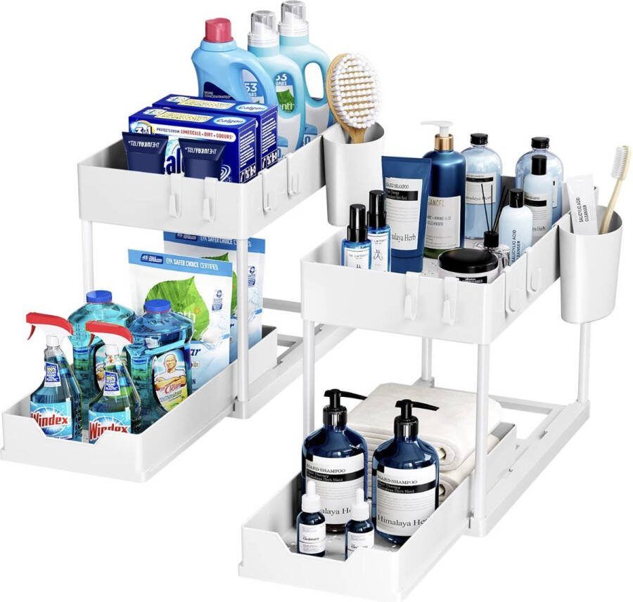 Opbergrek voor onder de gootsteen keukenopberger 2 niveaus met uitschuiflade multifunctioneel opbergrek voor badkamer aanrecht wasruimte Wit