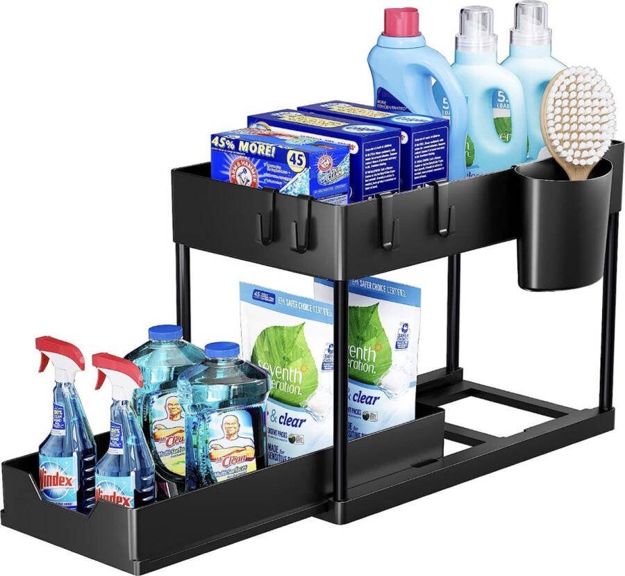 Opbergrek voor onder de gootsteen keukenopberger 2 niveaus met uitschuiflade multifunctioneel opbergrek voor badkamer aanrecht wasruimte zwart