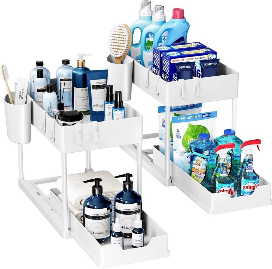 Opbergrek voor onder de gootsteen keukenopberger 2 niveaus uitschuiflade multifunctioneel badkamer aanrecht wasruimte Wit