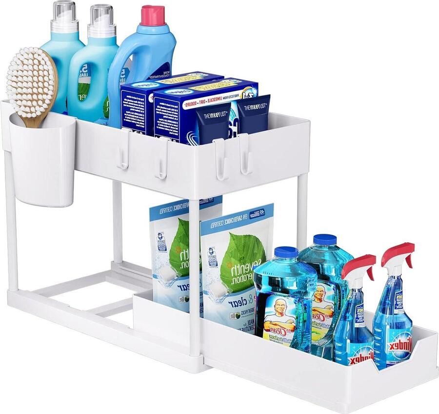 Opbergrek voor onder de gootsteen keukenopberger met uitschuiflade 2 niveaus multifunctioneel badkamer aanrecht wasruimte Wit Gootsteenkast Organizer