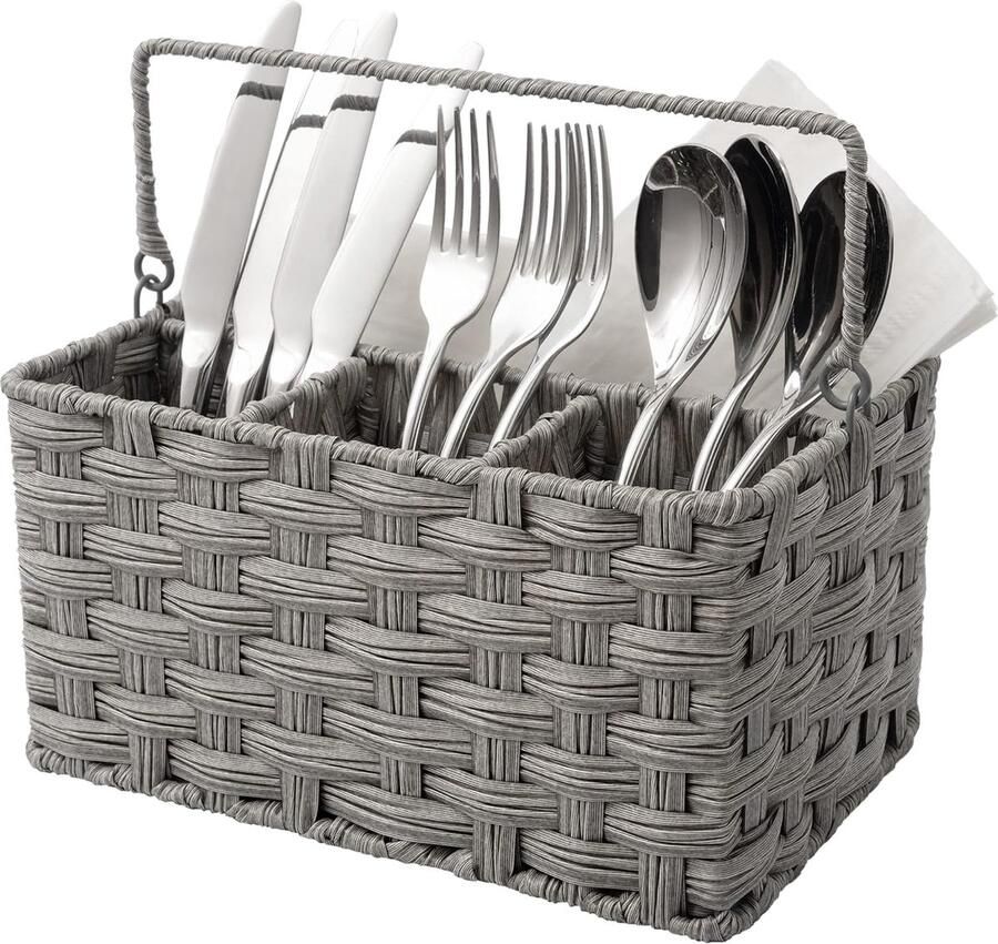 Opbergruimte voor keukengerei gevlochten bestekcontainer organizer voor keukengerei opbergruimte voor kooklepels houder voor keukengerei voor bestek en keukengerei met indelingen 4 compartimenten grijs