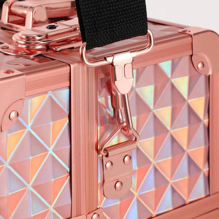Opbergruimte voor make-up en naaiaccessoires reis organizer voor kappers en visagisten afsluitbare metallic rosé gouden doos met draagriem JBC323RD nagellak koffer
