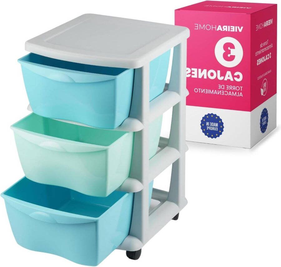 Opbergstorm met laden op wielen hard plastic 3 laden bureau school badkamer woonkamer 63 x 40 cm made in VS blauw Ladeblok