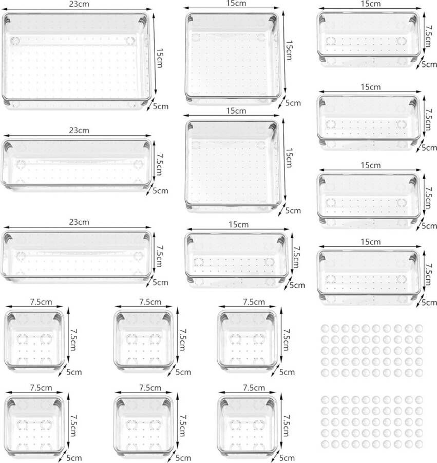 Opbergsysteem voor laden 16 stuks antislip organizer met 100 rubberen buffers 5 formaten transparante gescheiden opbergdozen voor kaptafel keuken badkamer etc