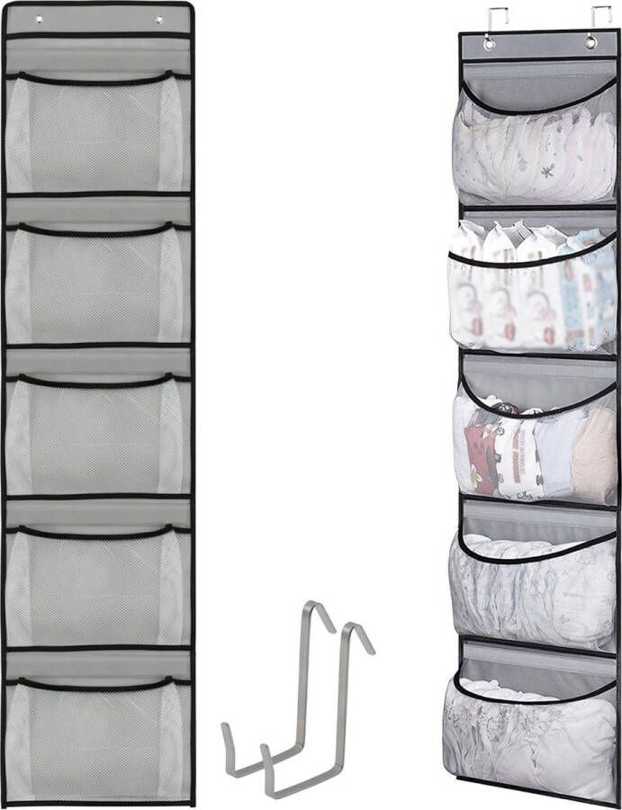 Opbergtas hangorganizer opbergnet hangrek hangend opbergrek boven de deur organizer met 5 grote vakken en 2 haken voor knuffeldier speelgoed badkamer grijs