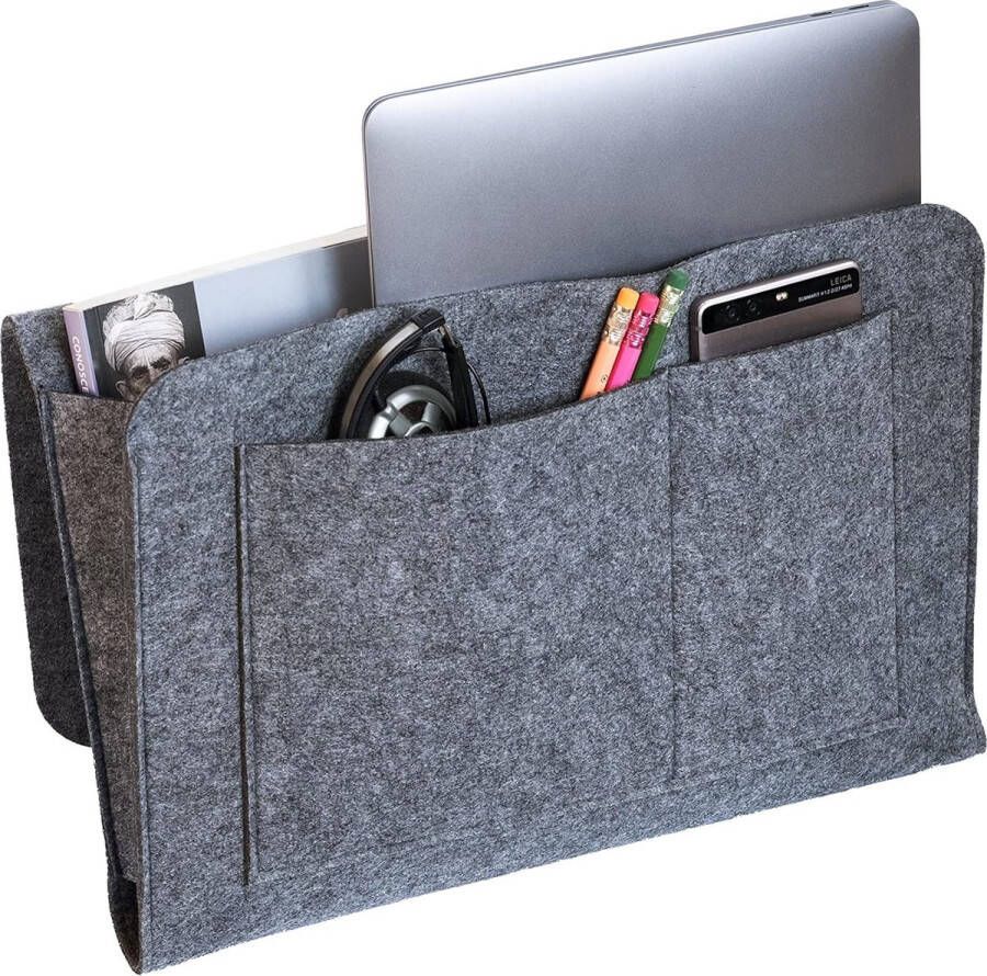 Opbergtas voor bed bank. Organizer dik vilt nachtkastje tas bed organizer voor mobiele telefoon iPad Kindle e-reader laptop bril boek afstandsbediening (donkergrijs)