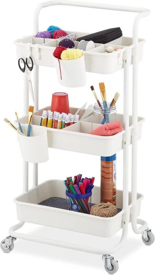 Opbergtrolley 3 etages 2 remmen voor keuken kantoor HBD 86 x 43 x 42 cm metaal & kunststof wit keukentrolley