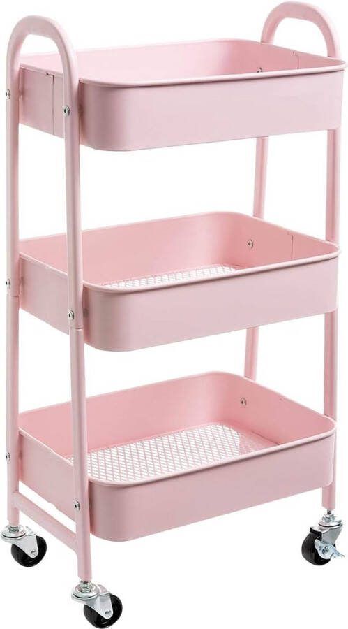 Opbergwagen 3-etages Metaal Utility Cart rolwagen Organizer Trolley met Wielen voor Keuken Make-up Badkamer Kantoor Roze