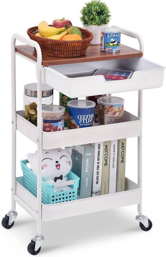 Opbergwagen 3-laags met tafelblad multifunctionele trolley van metaal voor keuken huis kantoor badkamer