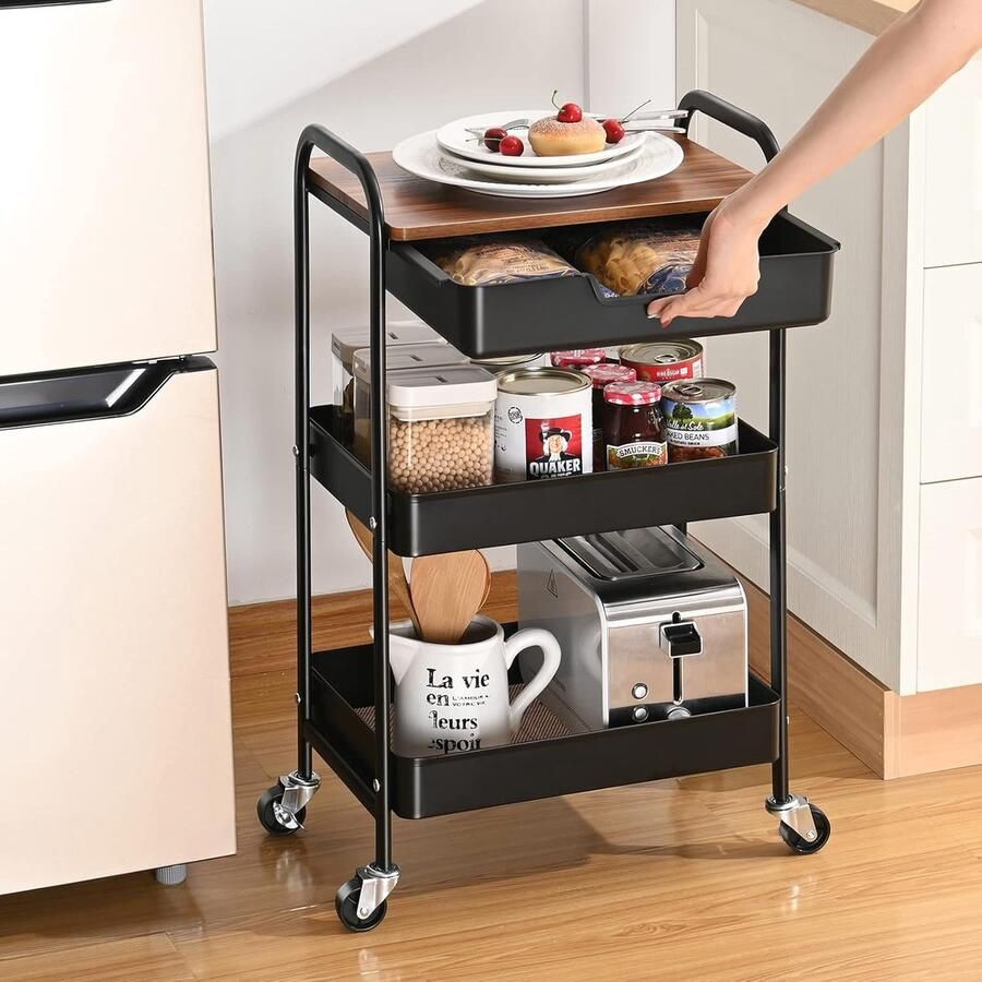 Opbergwagen 3-laags met tafelblad multifunctionele trolley van metaal voor keuken huis kantoor badkamer zwart