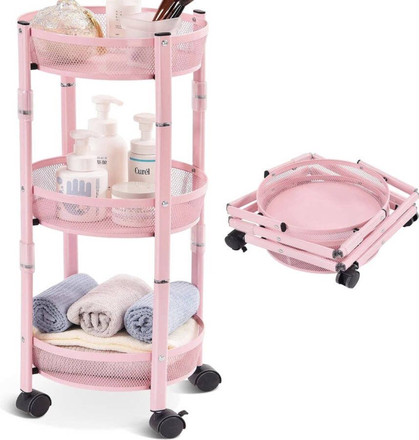 Opbergwagen 3-laags metalen rolwagen met manden en afsluitbare wielen plantaardig roterend opbergrek voor woonkamer en badkamer opbergen keukentrolley slaapkamertrolley babykamertrolley badkamertrolley roze