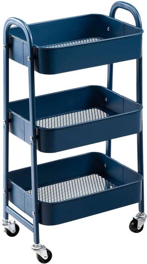 Opbergwagen 3 niveaus Metaal Utility Cart Rolwagen Organizer Trolley met Wielen voor Keuken Make-up Badkamer Kantoor Marineblauw