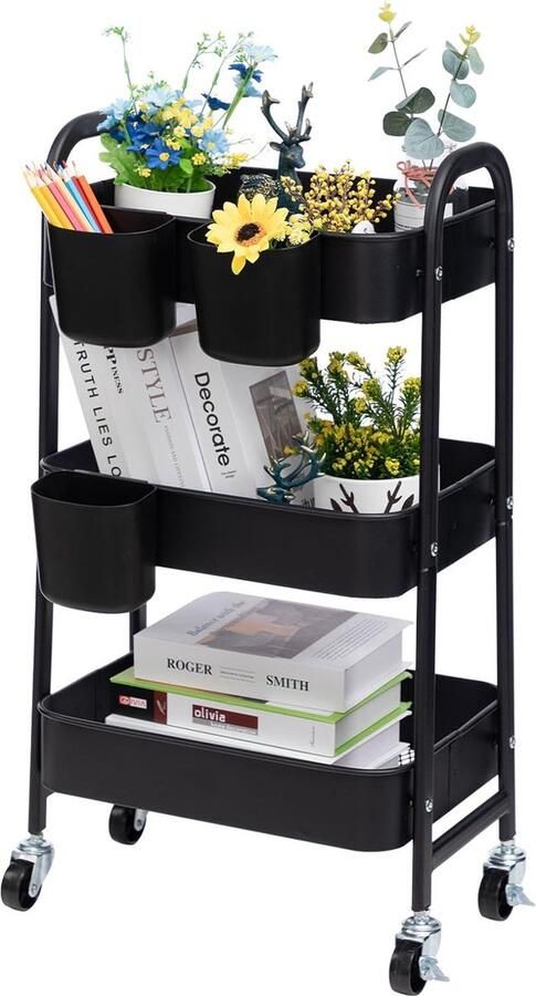 Opbergwagen keukenwagen 3 etages metaal rolwagen organizer wagen met wielen voor keuken make-up badkamer kantoor zwart met 3 kopjes