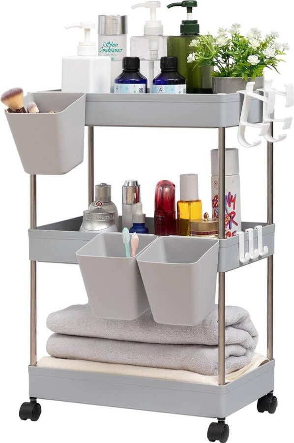 Opbergwagen keukenwagen 3-laags rolwagen met wielen en 3 hangende kopjes multifunctioneel opbergrek voor keuken badkamer slaapkamer kantoor grijs