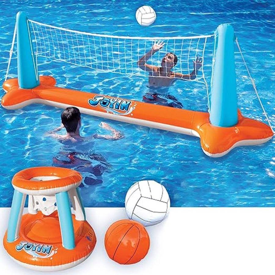 Opblaasbare drijvende zwembadset volleybalnet en basketbalringen en ballen voor kinderen en volwassenen waterpolospel zwembadspeelgoed voor volleybal en basketbal zwembadspeelgoed watersport zomerspeelgoed