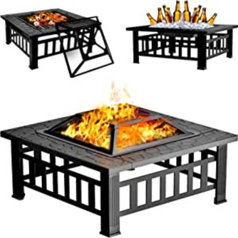Onirique Openhaard Veelzijdige Buitentafel Fire Pit Outdoor Fire Pits Outdoor Hout Branden Met Spark Screen Cover en Poker (Vierkant)