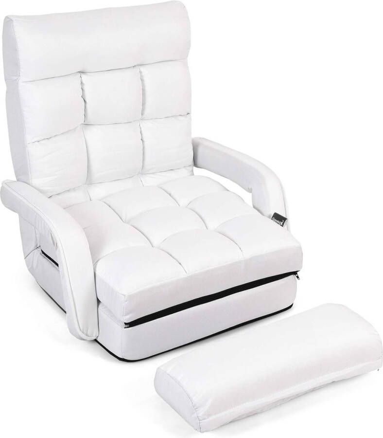 Opklapbare vloerstoel met armleuningen en kussens comfortabele meerhoekstoel van katoen luie slaapbank met verstelbare rugleuning voor slaapkamer woonkamer kantoor (wit)