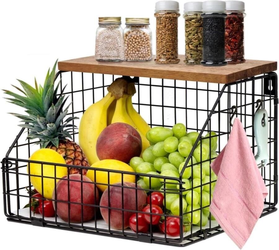 Opknoping fruitmand voor aanrecht keuken organizer muur gemonteerde fruitmand met houten deksel fruit groenten mand aanrecht opslag 30 x 30 x 20 cm