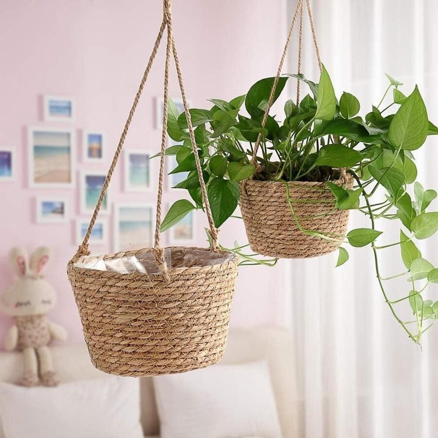 Opknoping Stro Planter met 20cm Jute Touw Opknoping Bloemmand Rieten Muur Planter Mand Cover voor Vetplanten Kruiden Indoor Outdoor Planten