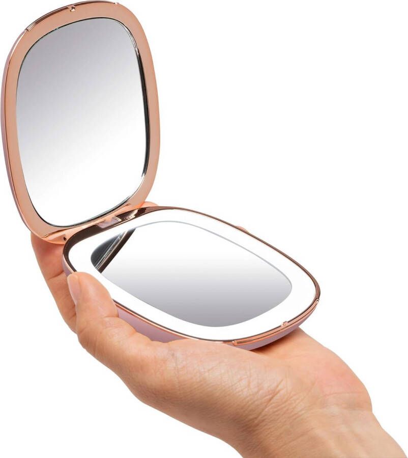 Oplaadbare compacte Make-up Spiegel met dimbaar LED Licht 1X 10X Vergroting – Daglicht LED Draagbaar 101mm Premium Glas Mila (Roze)