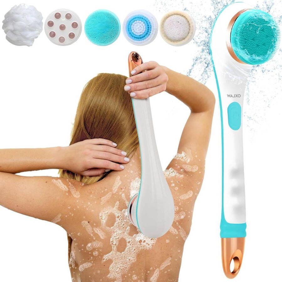 Oplaadbare elektrische lichaamsborstelset lang handvat draaiende huidborstel met 4 opzetborstels voor reiniging massage exfoliëren