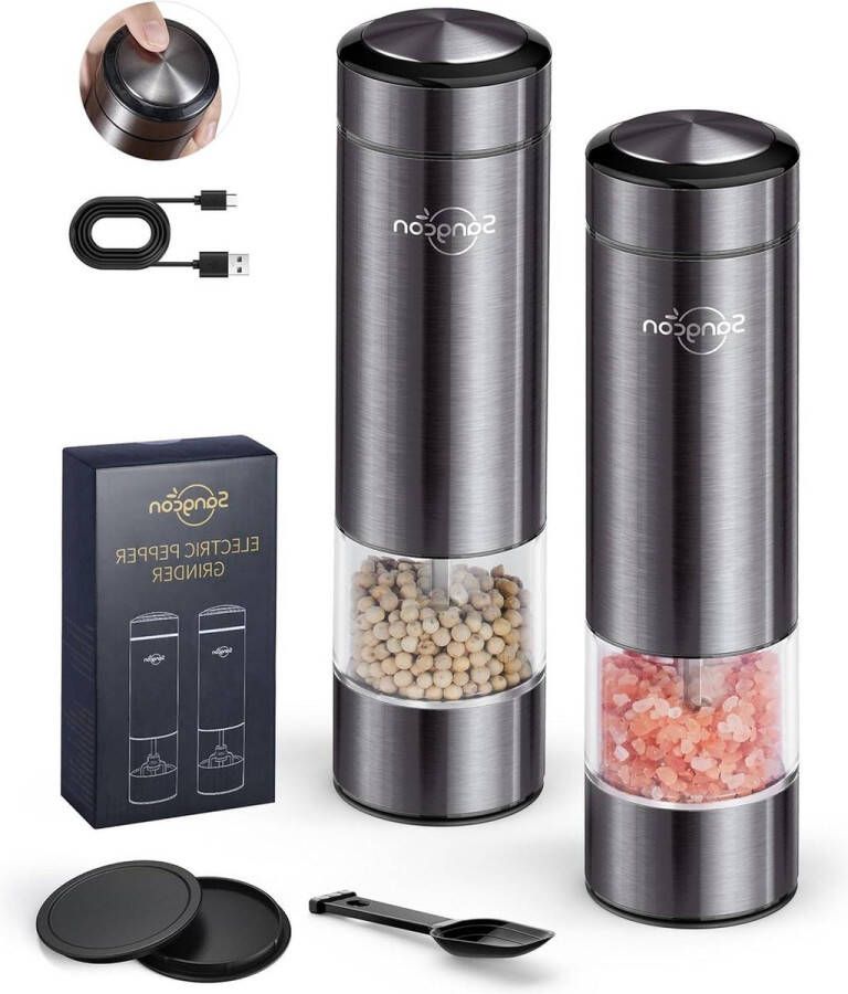 Oplaadbare Elektrische Zout- en Pepermolenset met USB Automatische Peper- en Zoutmolen Grove Instelling Bediening met één hand LED-licht Gunmetal metallic